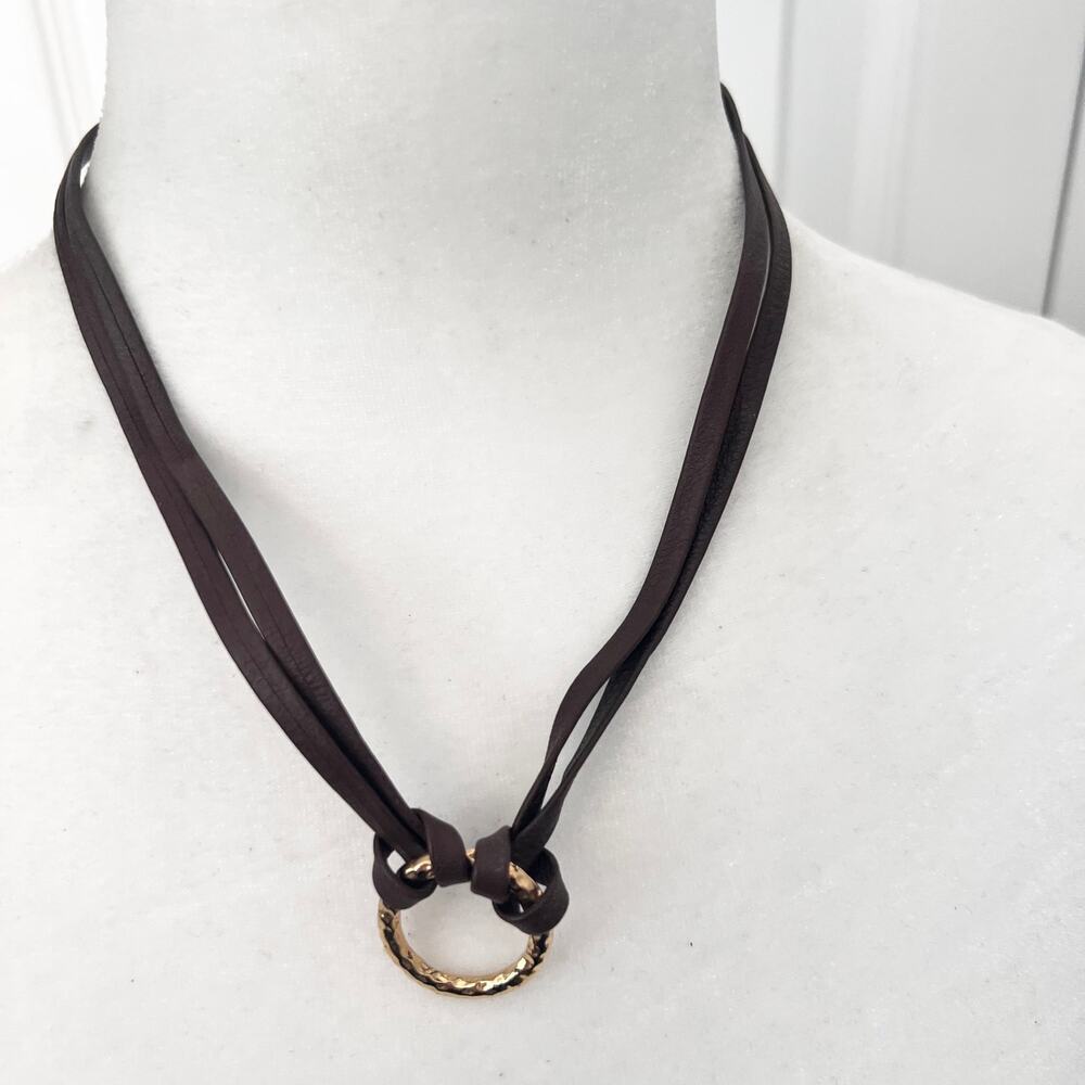 Leila Jewelry Brown Leather Necklace with Hammered Gold Tone Ring